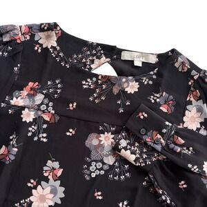 LOFT Women's S Black Pink Floral Bouquet Long Sleeve Cutout Casual Career Blouse